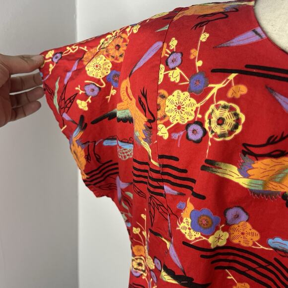 Vintage Handmade Womens Top Red Art to Wear Boxy Cotton Chinois Print Size M/L - Picture 6 of 6